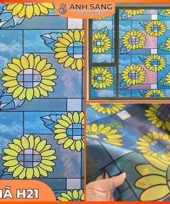 Decal Dán Kính Hoa Văn Mã H21: Không Gian Rực Rỡ Với Hoa Hướng Dương Vàng Nền Xanh