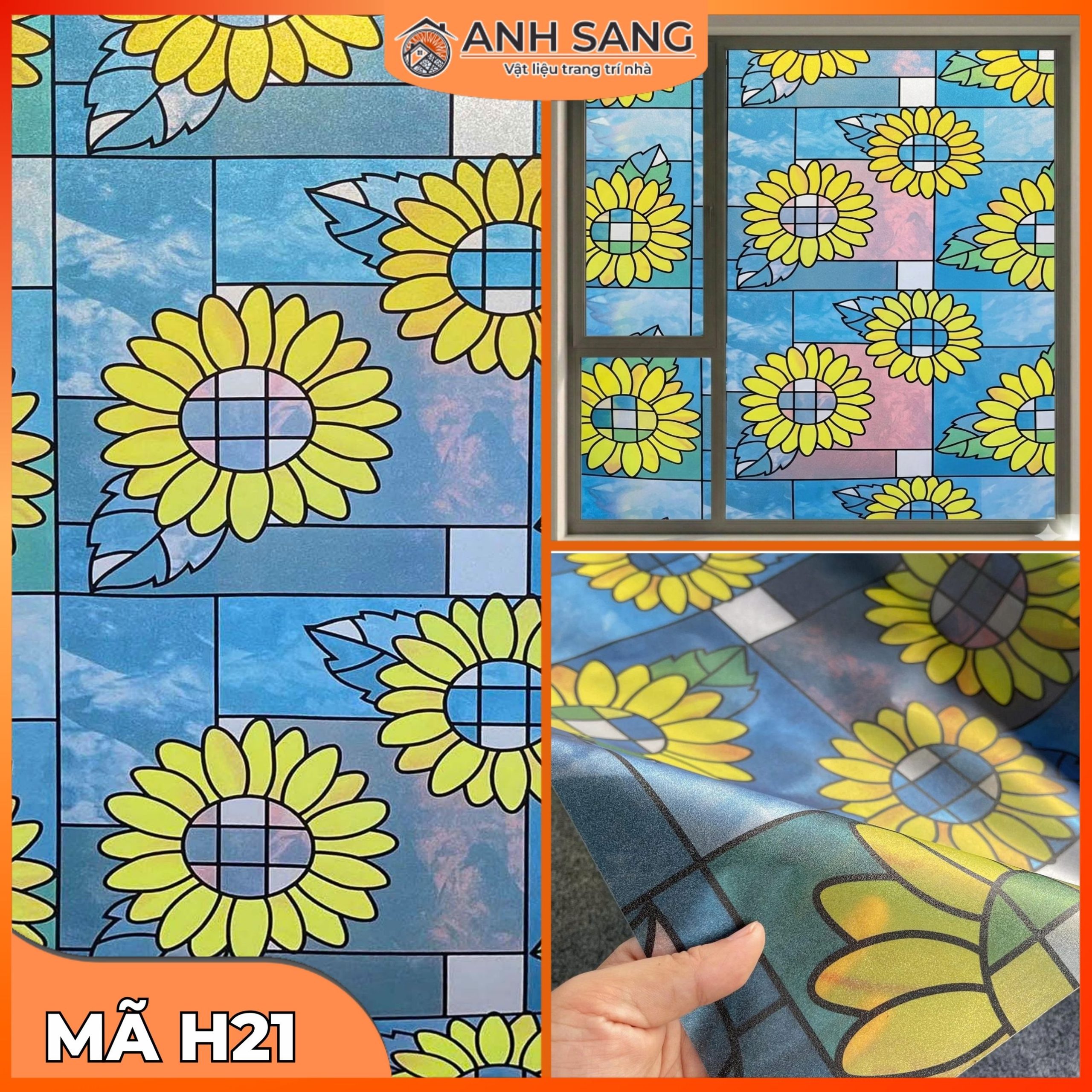 Decal Dán Kính Hoa Văn Mã H21: Không Gian Rực Rỡ Với Hoa Hướng Dương Vàng Nền Xanh